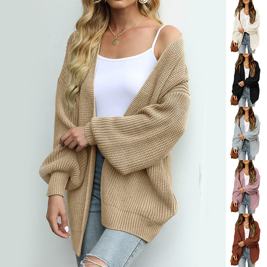 Fashion Lantern-Sleeved Sweater with Pockets – Casual Loose Knit Cardigan for Women