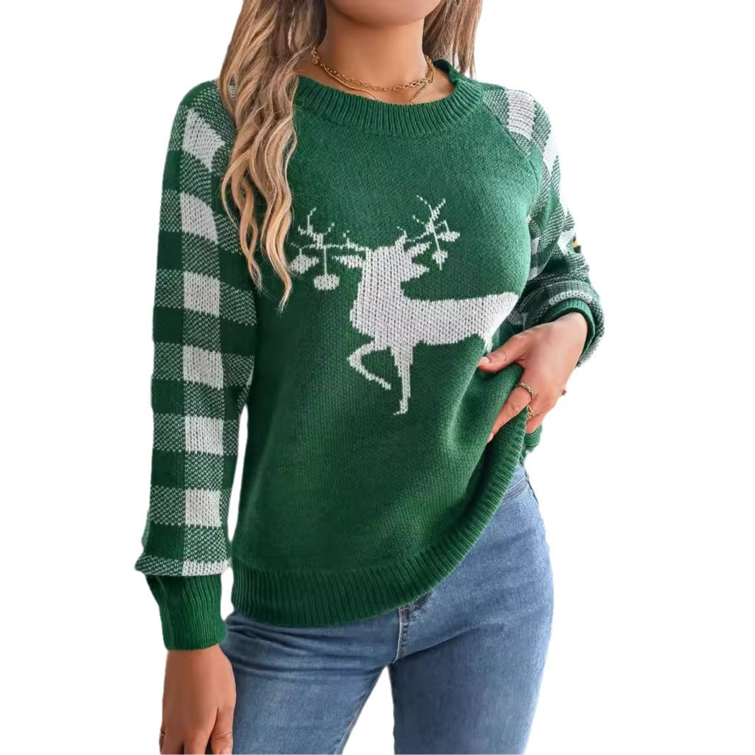 Christmas Women's Casual Plaid Deer Long Sleeve Pullover Sweater – Festive Holiday Knitwear - ZA-ZOLA