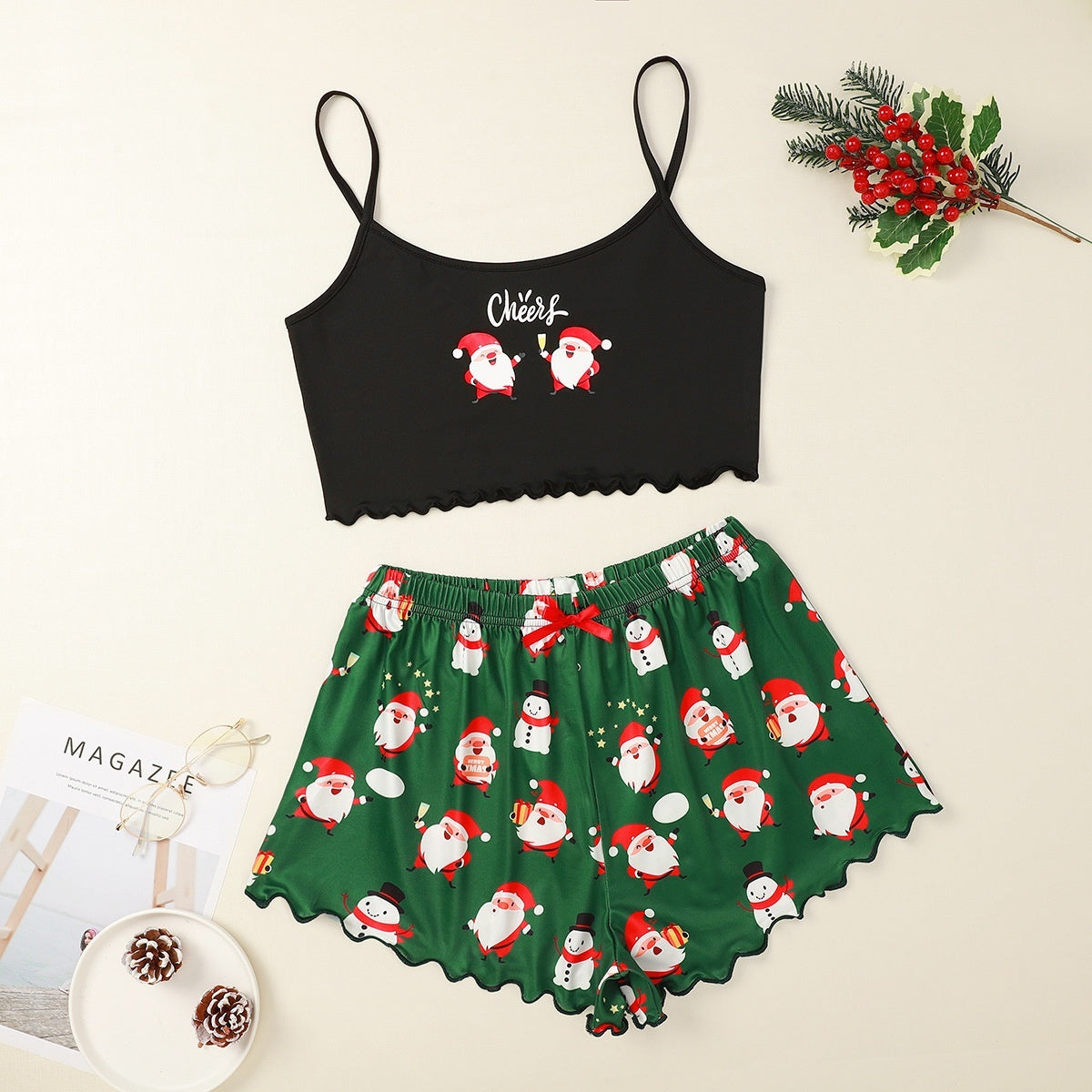 Women's Christmas Milk Silk Pajamas – Sleeveless Shorts Two-Piece Casual Homewear - ZA-ZOLA