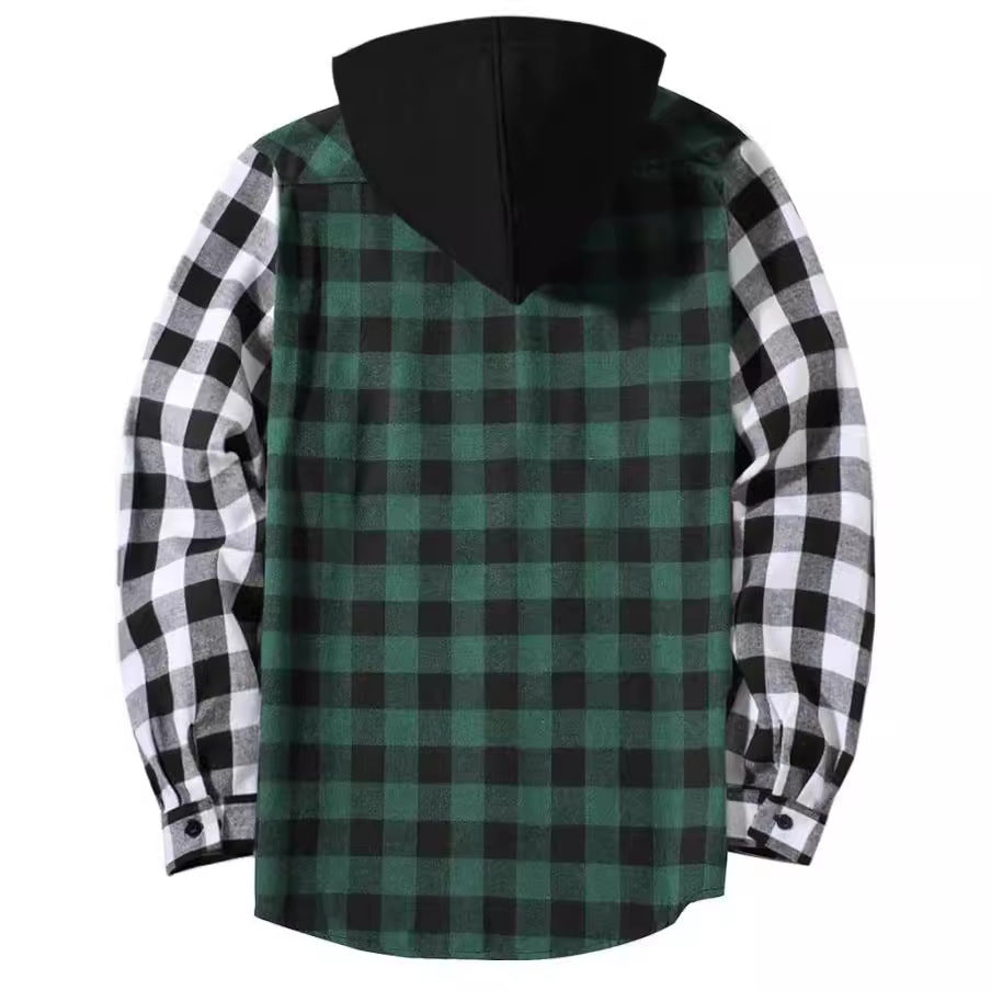 Patchwork Plaid Hooded Long-sleeved Shirt - ZA-ZOLA