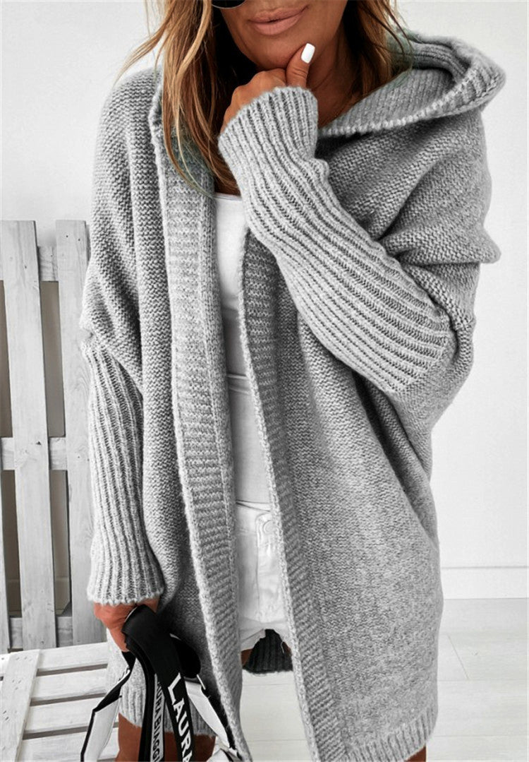 Fashion Bat Sleeve Hooded Cardigan – Oversized Loose Fit Solid Color Sweater for Women