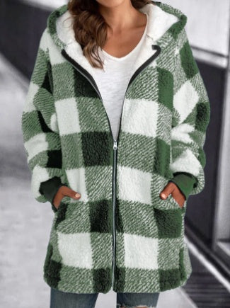 European & American Plush Women's Plaid Coat – Long-Sleeved Winter Fashion