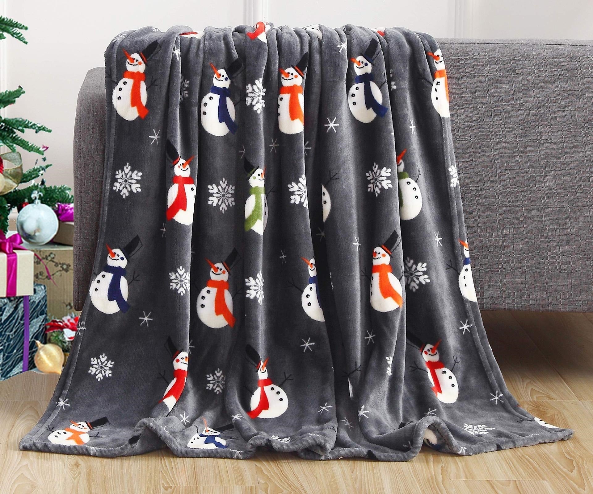 Cozy Christmas Elk & Snowman Print Blanket - Double-Sided Flannel for Winter Comfort - ZA-ZOLA