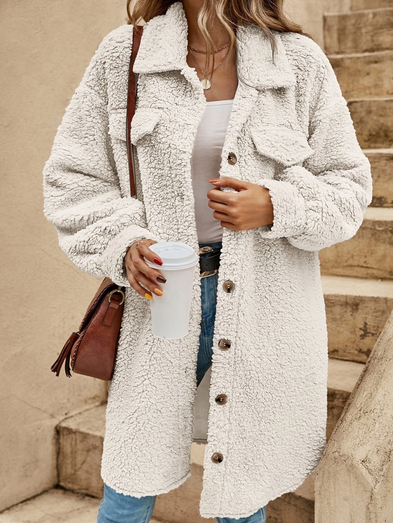 European & American Style Lapel Plush Coat – Women’s Loose Long-Cut Winter Jacket