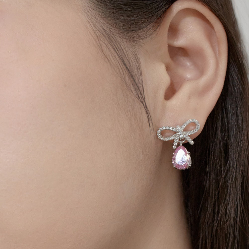 Silver S925 Pink Pear-shaped Water Drop Bow Design Niche Exquisite Fashion Sense Women's Earrings - ZA-ZOLA