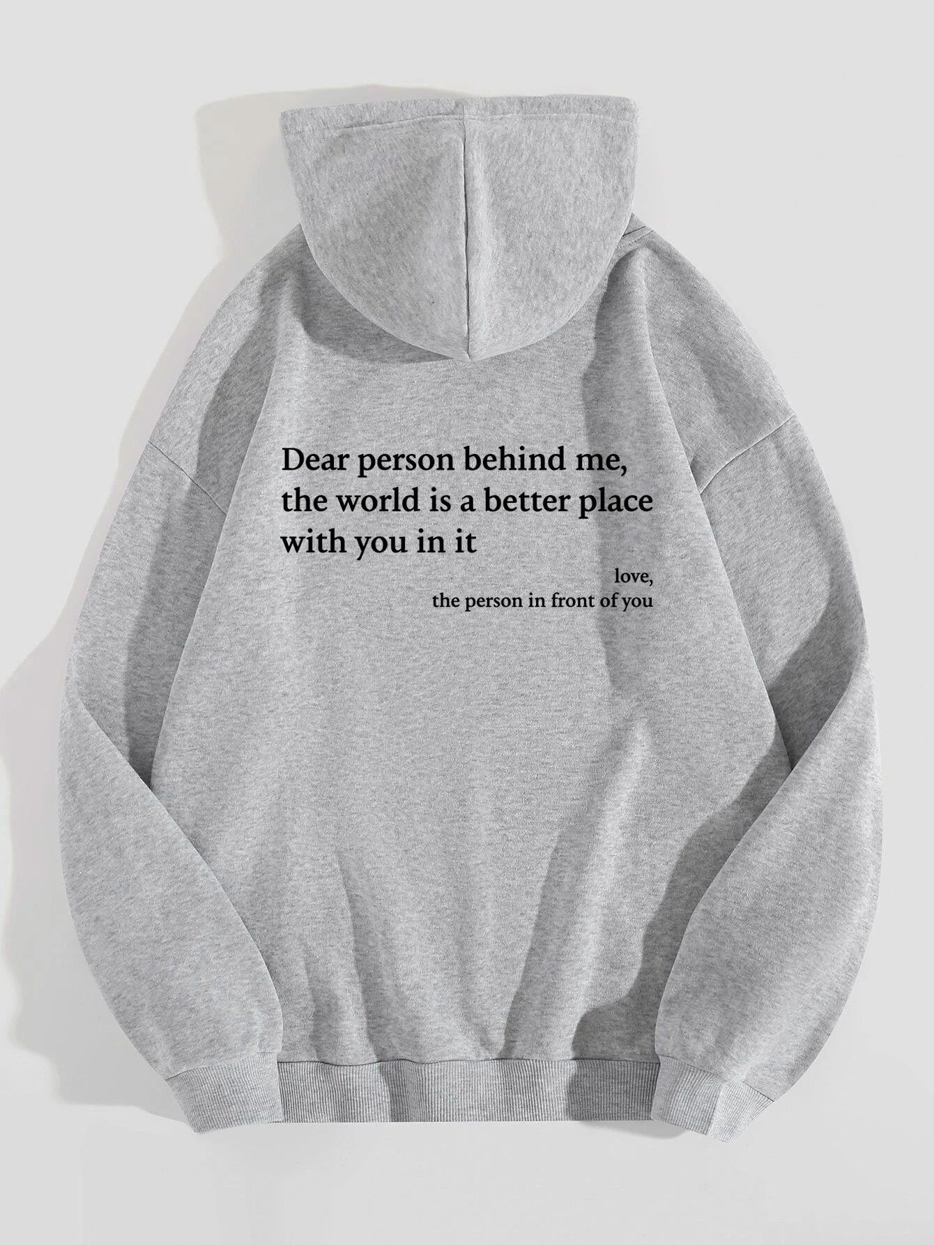 Kapuzenpullover mit „Dear Person Behind Me“-Buchstabenaufdruck – Plüsch-Sweatshirt mit Kordelzug und Kängurutasche für Damen und Herren