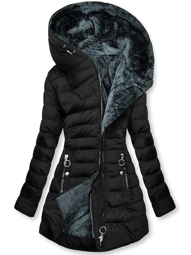 Women's Plush Hooded Mid-Length Cotton-Padded Coat with Oblique Zipper – Winter Fashion