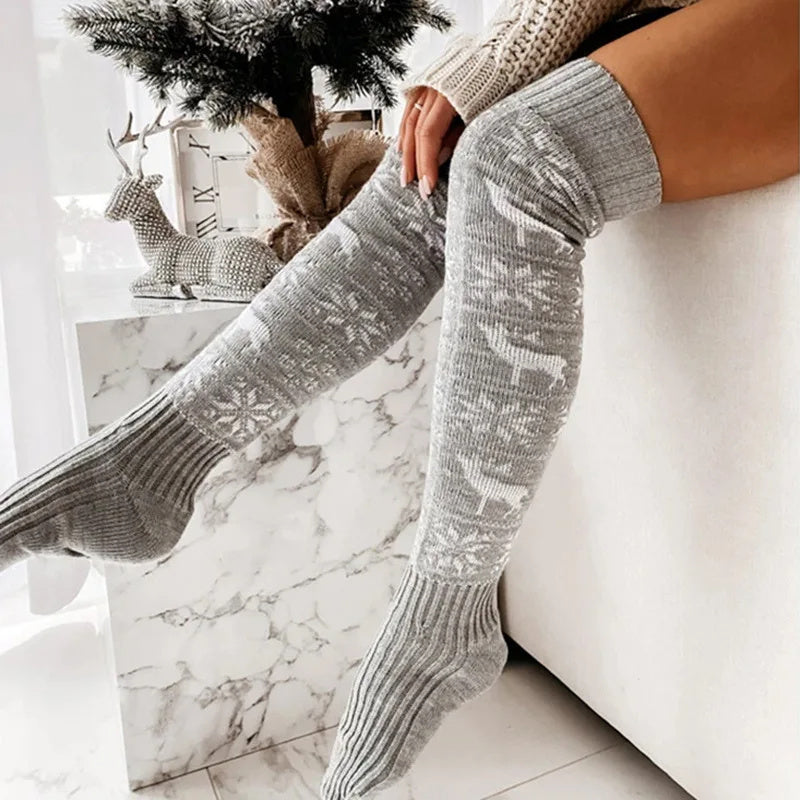 Winter Christmas Knitted Over-the-Knee Socks – Beautiful Elk & Snowflake Jacquard Stockings for Women – Perfect Gift - ZA-ZOLA