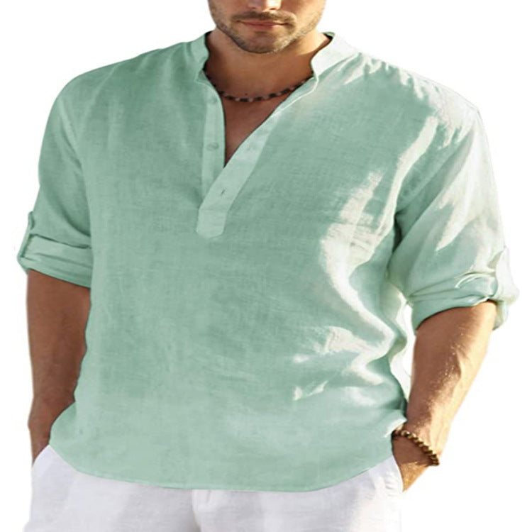 Men's Casual Cotton Linen Shirt – Breathable, Solid Color, Stand Collar Design - ZA-ZOLA