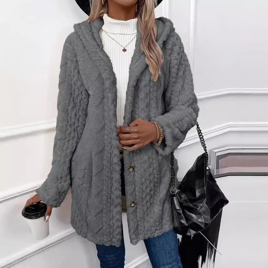 Hooded Cardigan Button Long Jacket – Winter Solid Color Long Sleeve Coat for Women