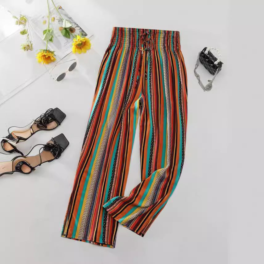 Multi-color Stripe Women's Casual Pants Tied Elastic Waist - ZA-ZOLA