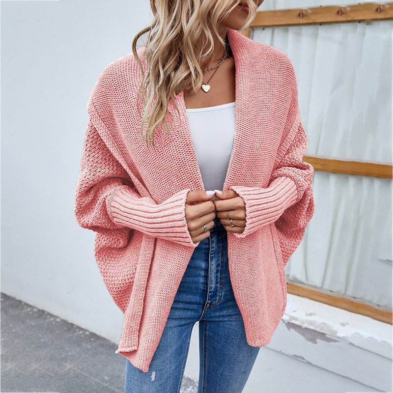 New Loose Knitted Bat Sleeve Sweater – Solid Color Large Lapel Cardigan for Women