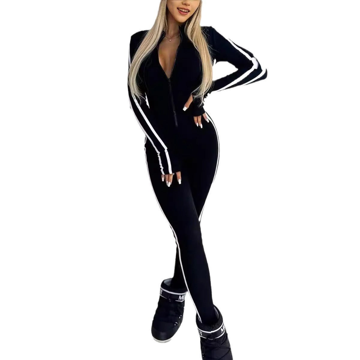 Autumn & Winter Women's Slim Striped Half-Zipper Jumpsuit – Stylish & Comfortable Activewear