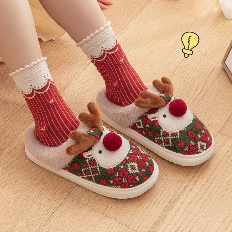 Cute Christmas Elk Plush Slippers – Cozy Winter Non-Slip Home Shoes for Women – Fuzzy Bedroom House Slippers - ZA-ZOLA