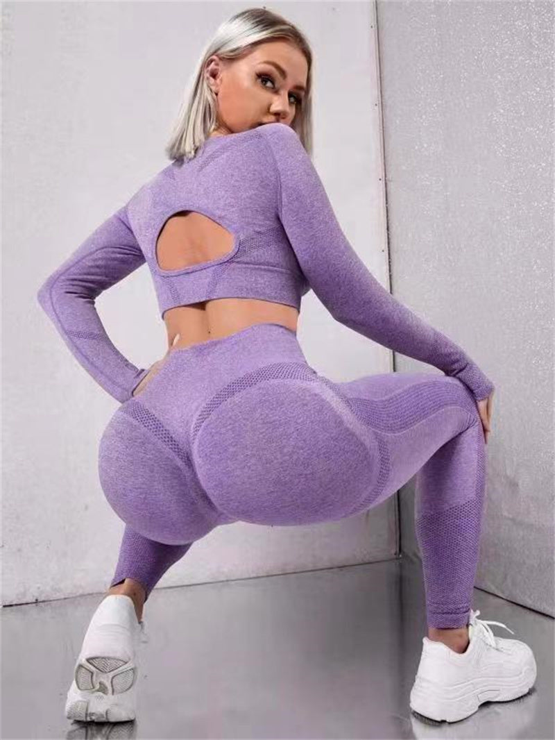 2pcs Sports Suit – Long Sleeve Hollow Design Top & Butt Lifting High Waist Seamless Leggings