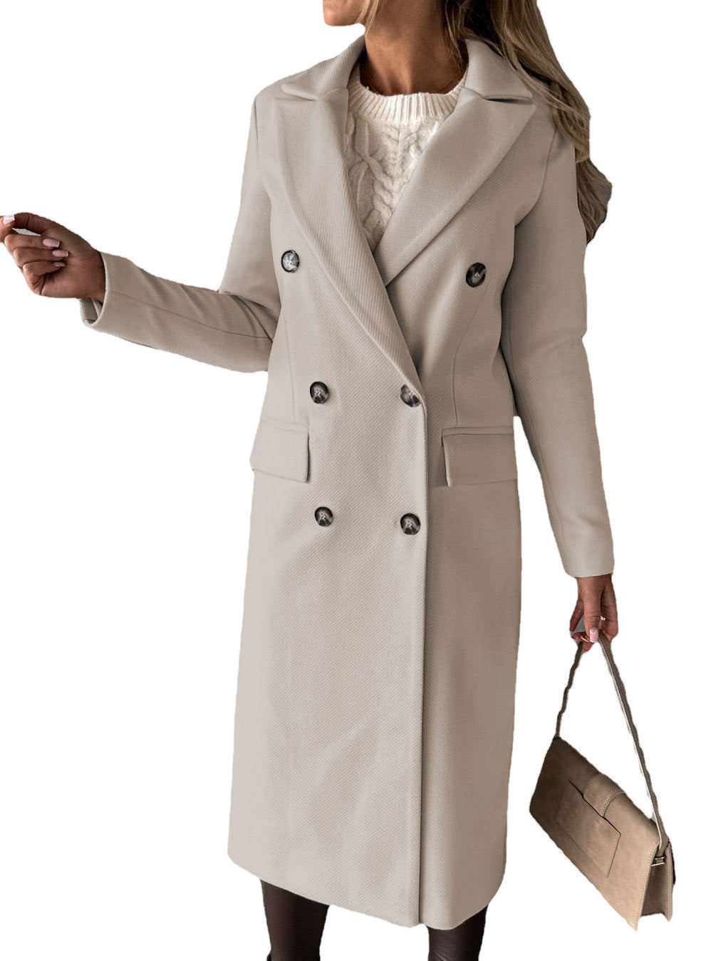 Long Sleeve Lapel Coat – Women’s Winter Double-Breasted Slim Long Jacket