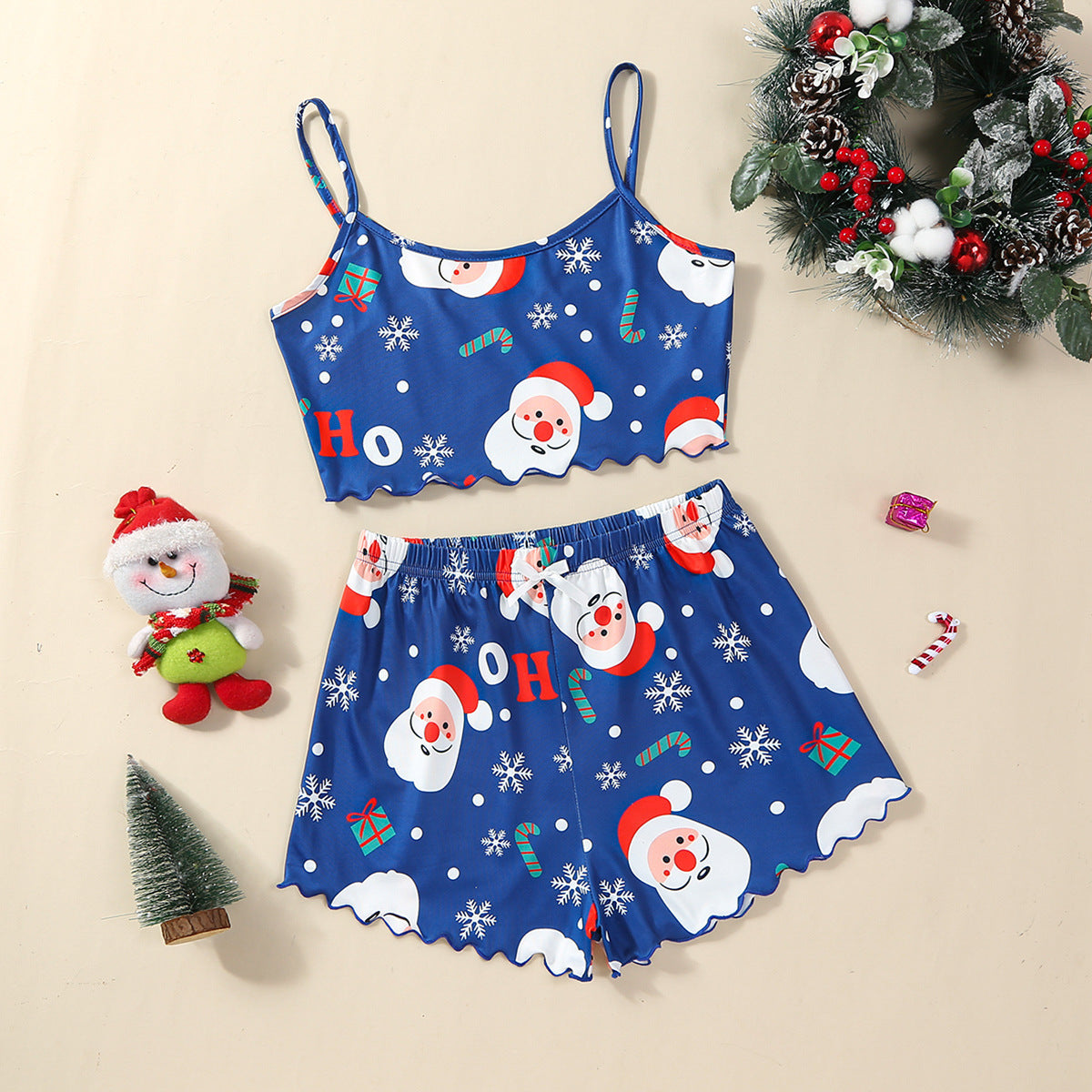 Women's Christmas Milk Silk Pajamas – Sleeveless Shorts Two-Piece Casual Homewear - ZA-ZOLA