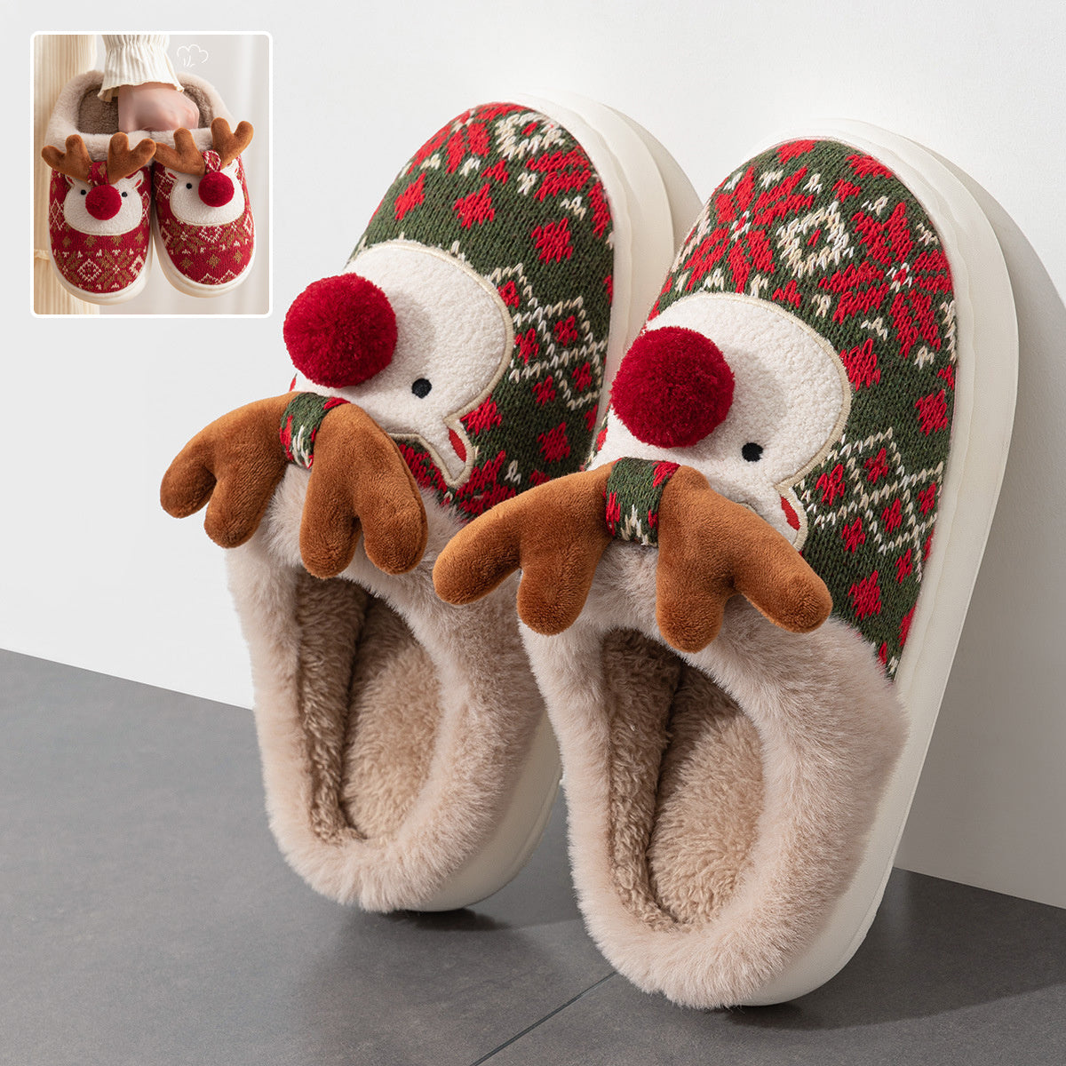 Cute Christmas Elk Plush Slippers – Cozy Winter Non-Slip Home Shoes for Women – Fuzzy Bedroom House Slippers - ZA-ZOLA