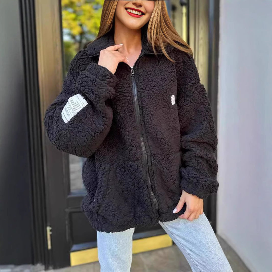 Winter Zipper Jacket Fashion Lapel Plush Cardigan Coat with Pockets – Cozy Outerwear for Women