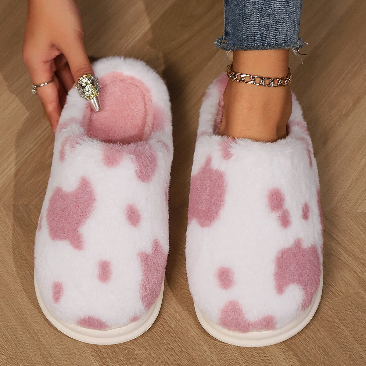 Cute Cow Spotted Plush Slippers Winter Warm Non-slip Bedroom Floor Fuzzy Slipper Couple Women House Shoes - ZA-ZOLA