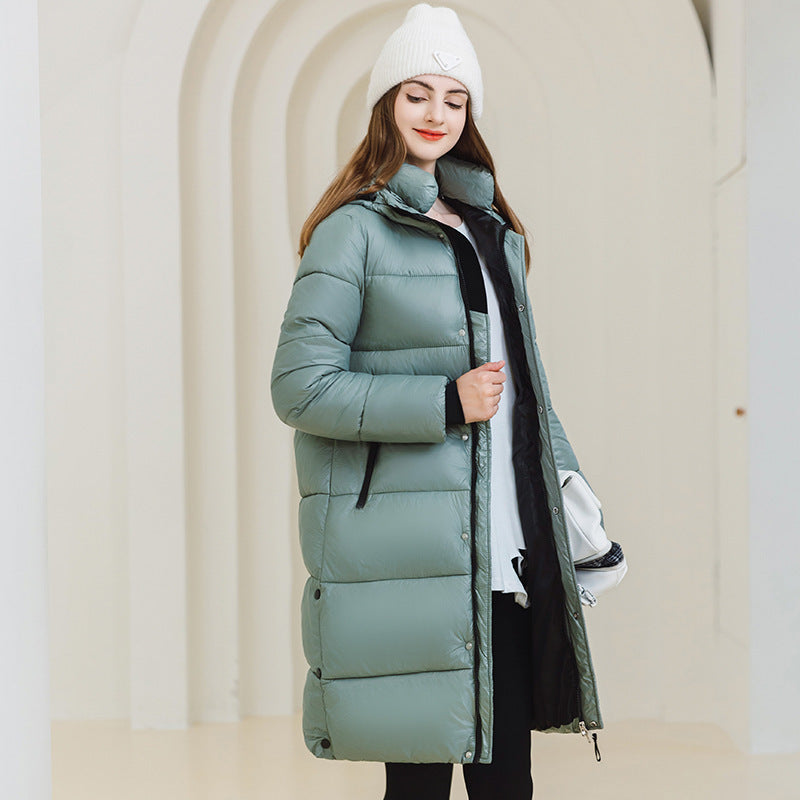 Warmer Wintermantel mit Kapuze und Taschen – Einfache lange Baumwolljacke für Damen