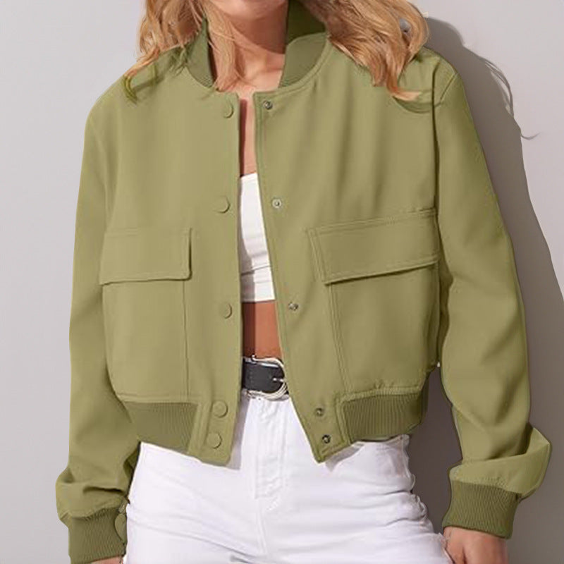 Fashion Button Stand-Collar Jacket with Big Pockets – Casual Loose Short Outerwear for Women | Trendy UK Style