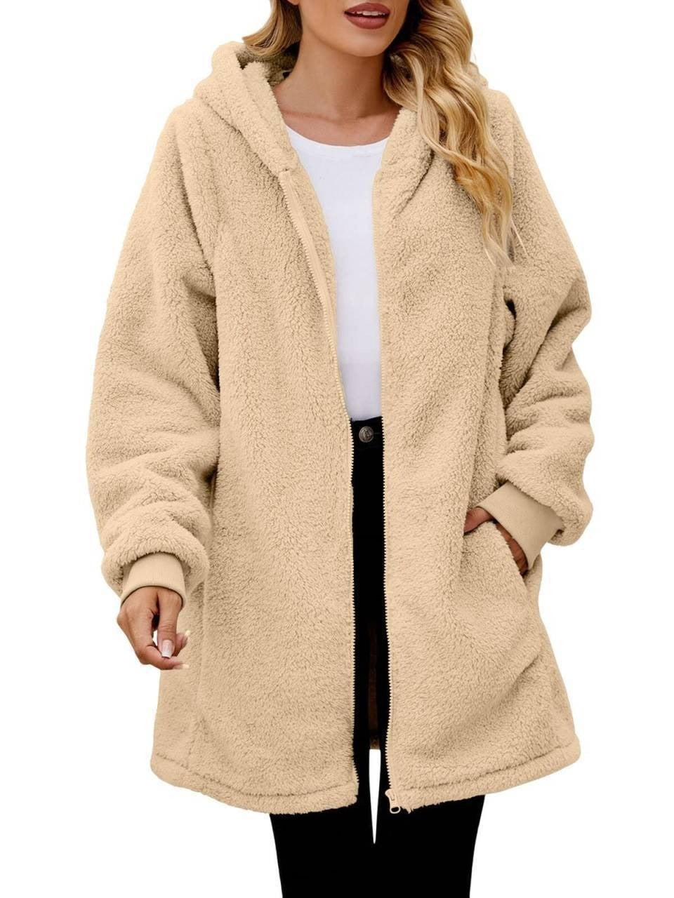 Loose Plush Women's Long Sleeve Hooded Zip Cardigan Coat – Cozy Winter Outerwear