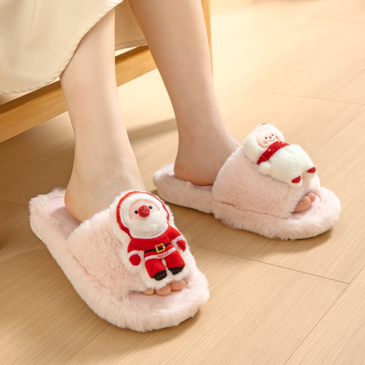 Santa Claus Open-Toe Cotton Slippers – Cozy Winter Indoor Plush Slippers for Women – Warm Furry Christmas Shoes - ZA-ZOLA