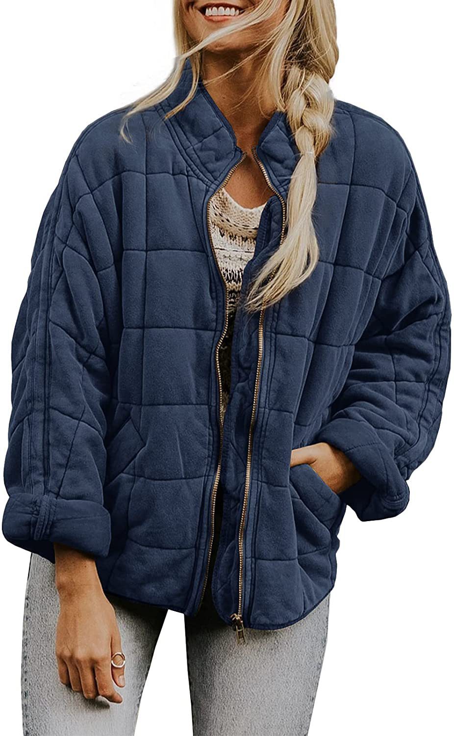 Einfarbige Baumwolljacke mit Stehkragen und weiten Taschen – Langärmlige Winteroberbekleidung für Damen