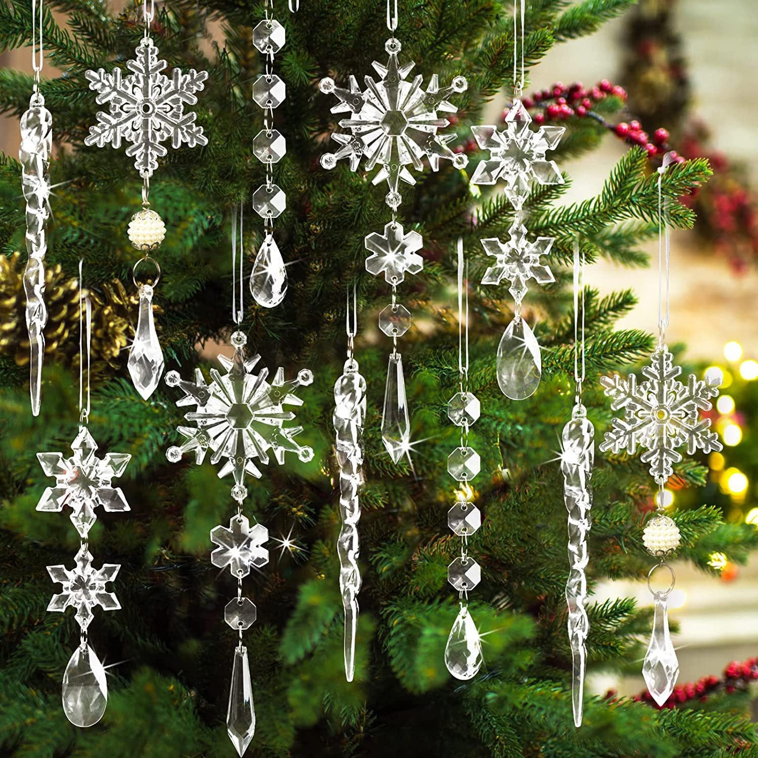 10pcs Acrylic Ice Strip Christmas Tree Pendants – Festive Snow Ceiling Ornaments for Holiday Decor - ZA-ZOLA