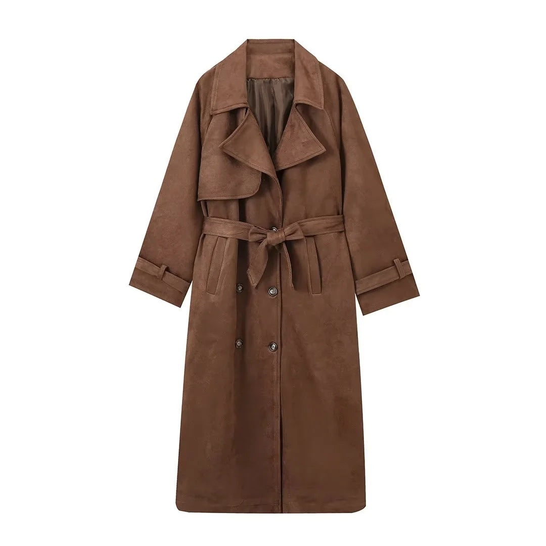 Double-Breasted Lapel Shift Coat with Belt – Vintage Suede Long Winter Coat for Women