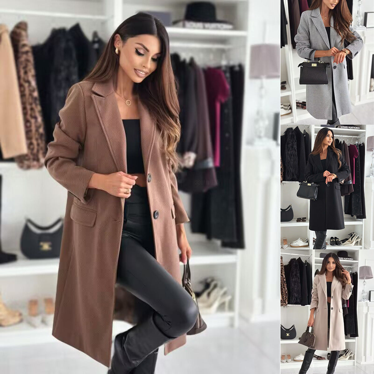 Lapel Single-Breasted Wool Coat – Women’s Solid Color Long Winter Jacket