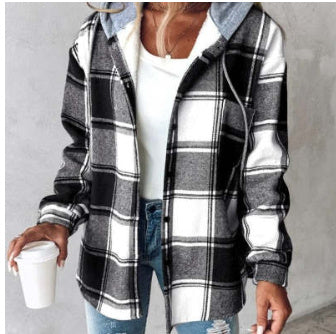 European & American Fashion Women’s Solid Color Plaid Hooded Jacket