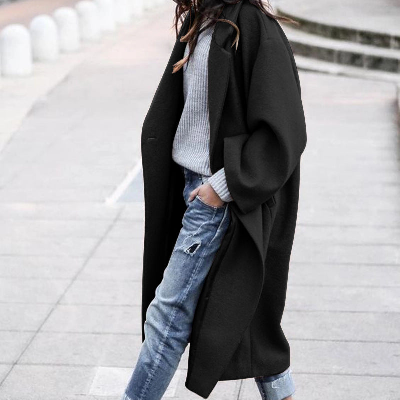 Casual Long Woolen Coat with Pockets – Women’s Solid Color Single-Breasted Lapel Winter Jacket