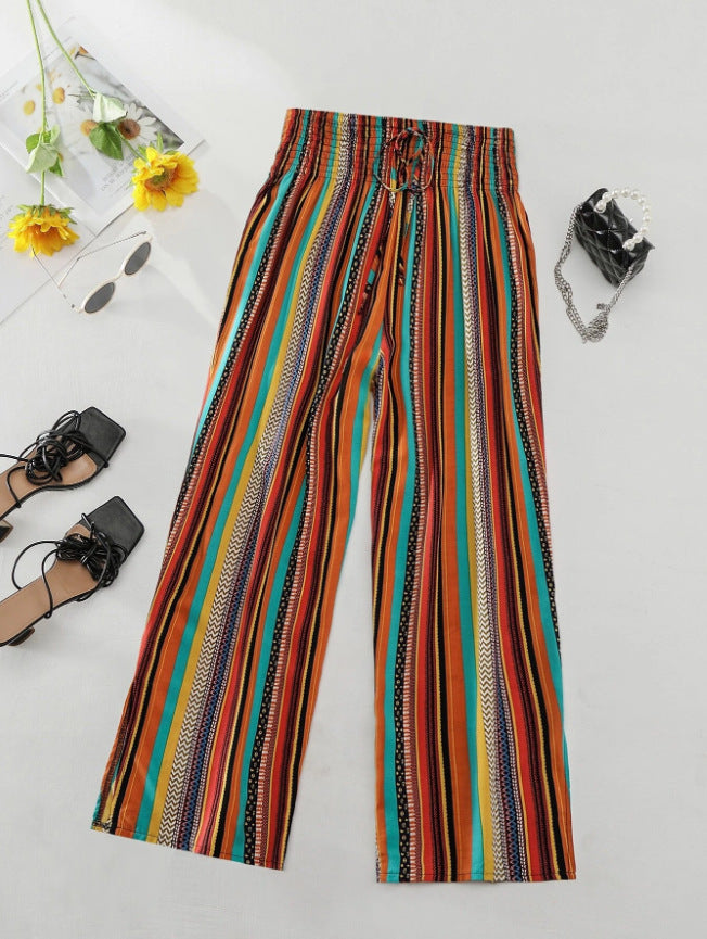 Multi-color Stripe Women's Casual Pants Tied Elastic Waist - ZA-ZOLA