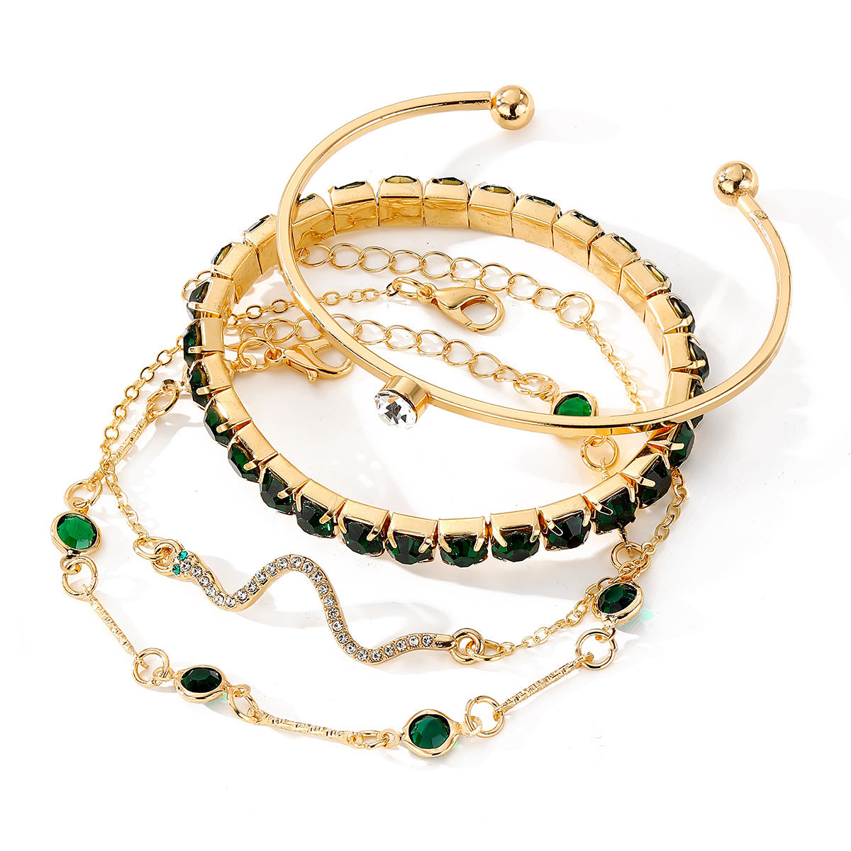 Fashion Green Grandmother Diamond Stretch Bracelet Women's 4-piece Set - ZA-ZOLA