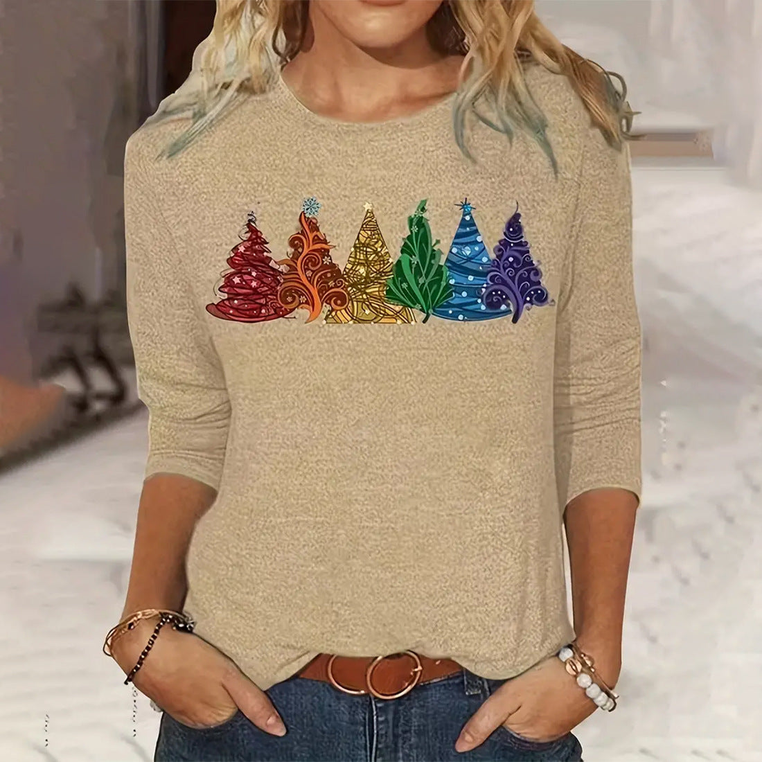 Women's Long-Sleeve Christmas Tree T-Shirt – Round Neck Loose Casual Holiday Top - ZA-ZOLA