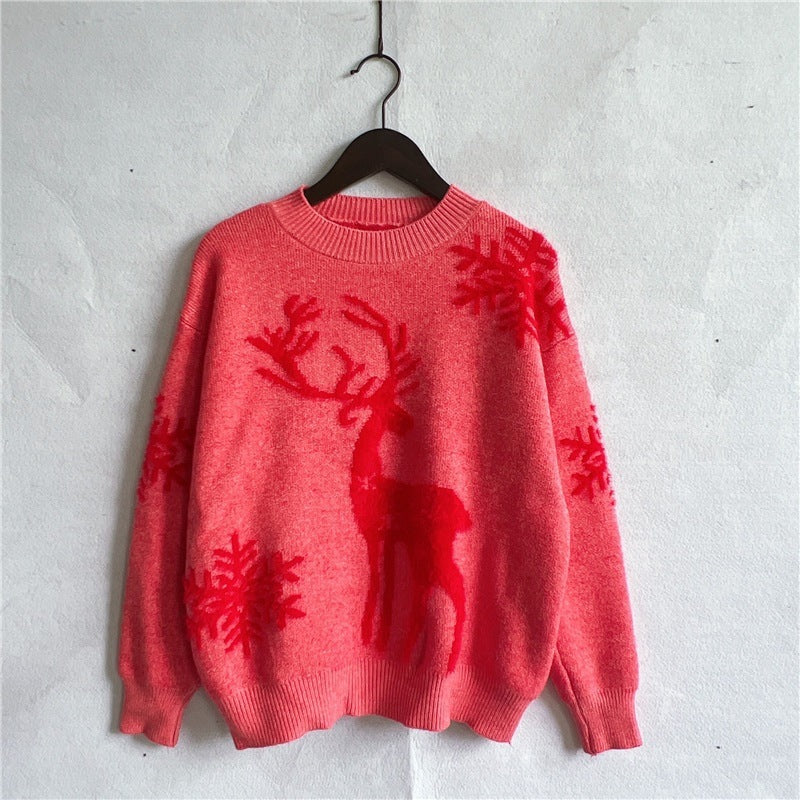 Round Neck Long Sleeve Christmas Sweater – Snowflake & Deer Jacquard Knitwear - ZA-ZOLA