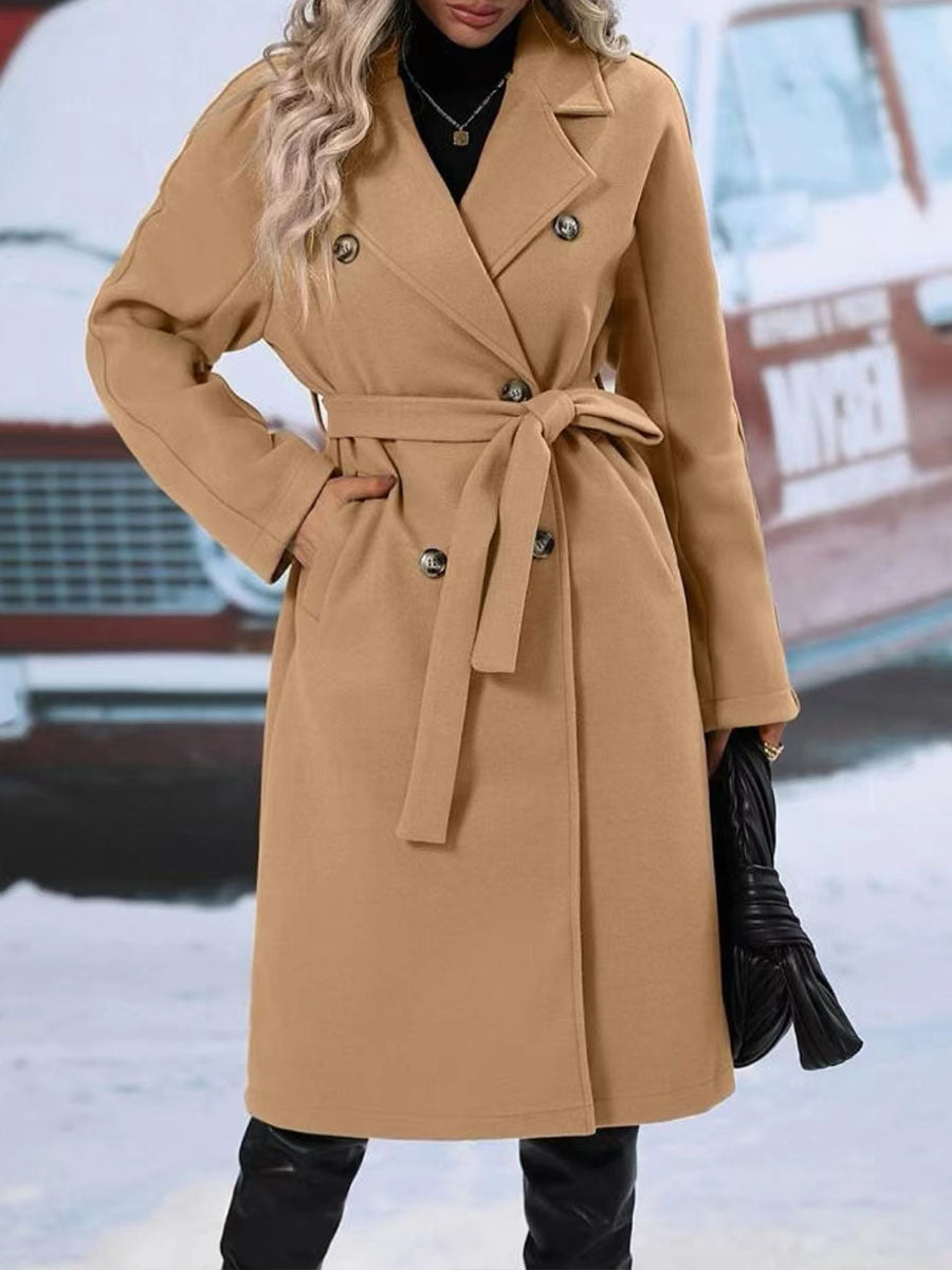 Zweireihiger Trenchcoat mit Revers und Gürtel – Einfarbige Winterjacke für Damen