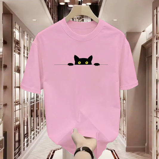 Cute Cat Print Round Neck T-shirt Short Sleeve - ZA-ZOLA