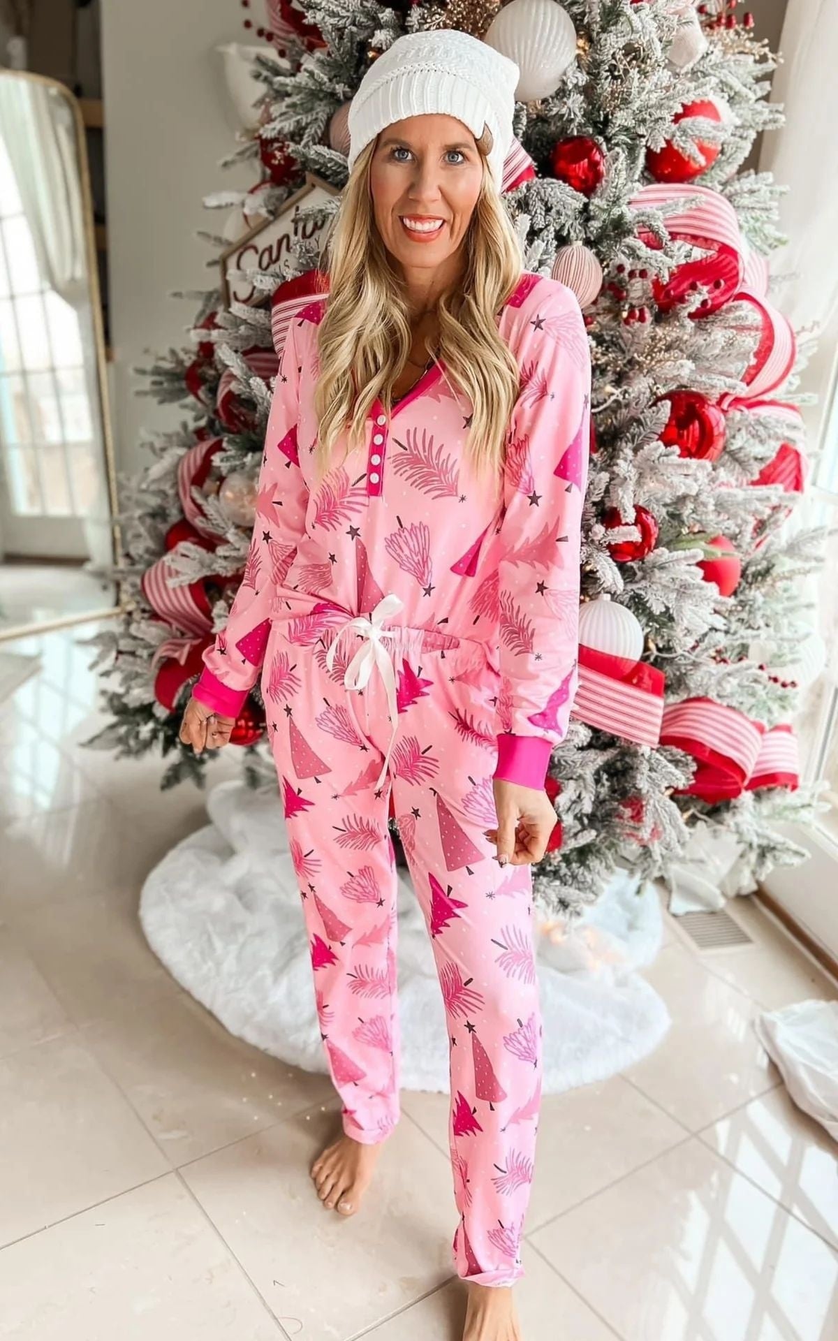 Christmas Tree Print Pajamas Suit – Long Sleeve Button-Up Two-Piece Set for Festive Comfort - ZA-ZOLA