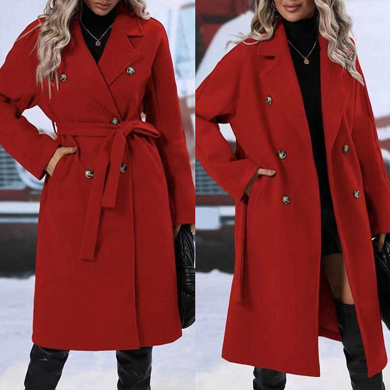 Zweireihiger Trenchcoat mit Revers und Gürtel – Einfarbige Winterjacke für Damen