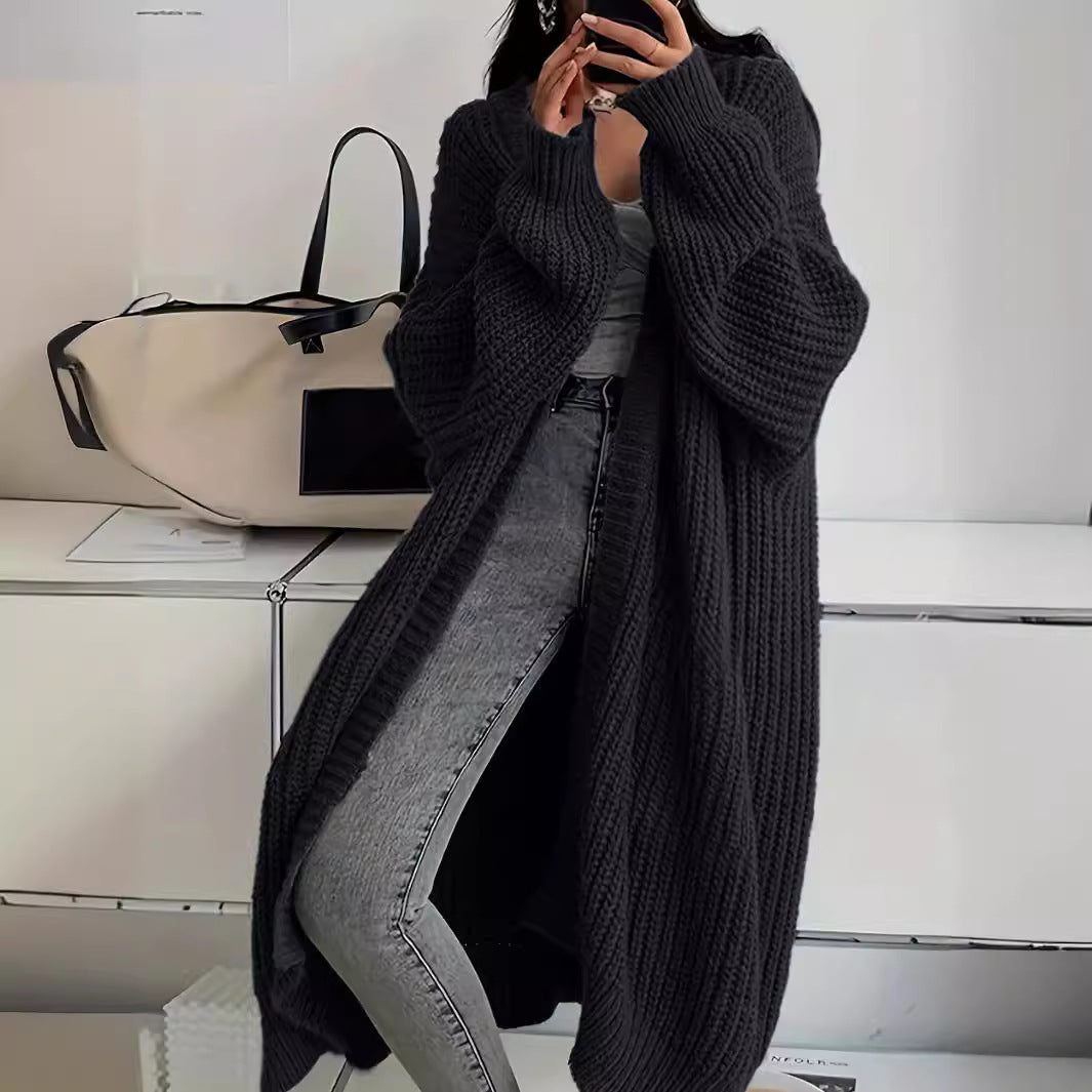 Knitted Long Cardigan with Pockets – Fashion Lantern-Sleeved Coat for Women