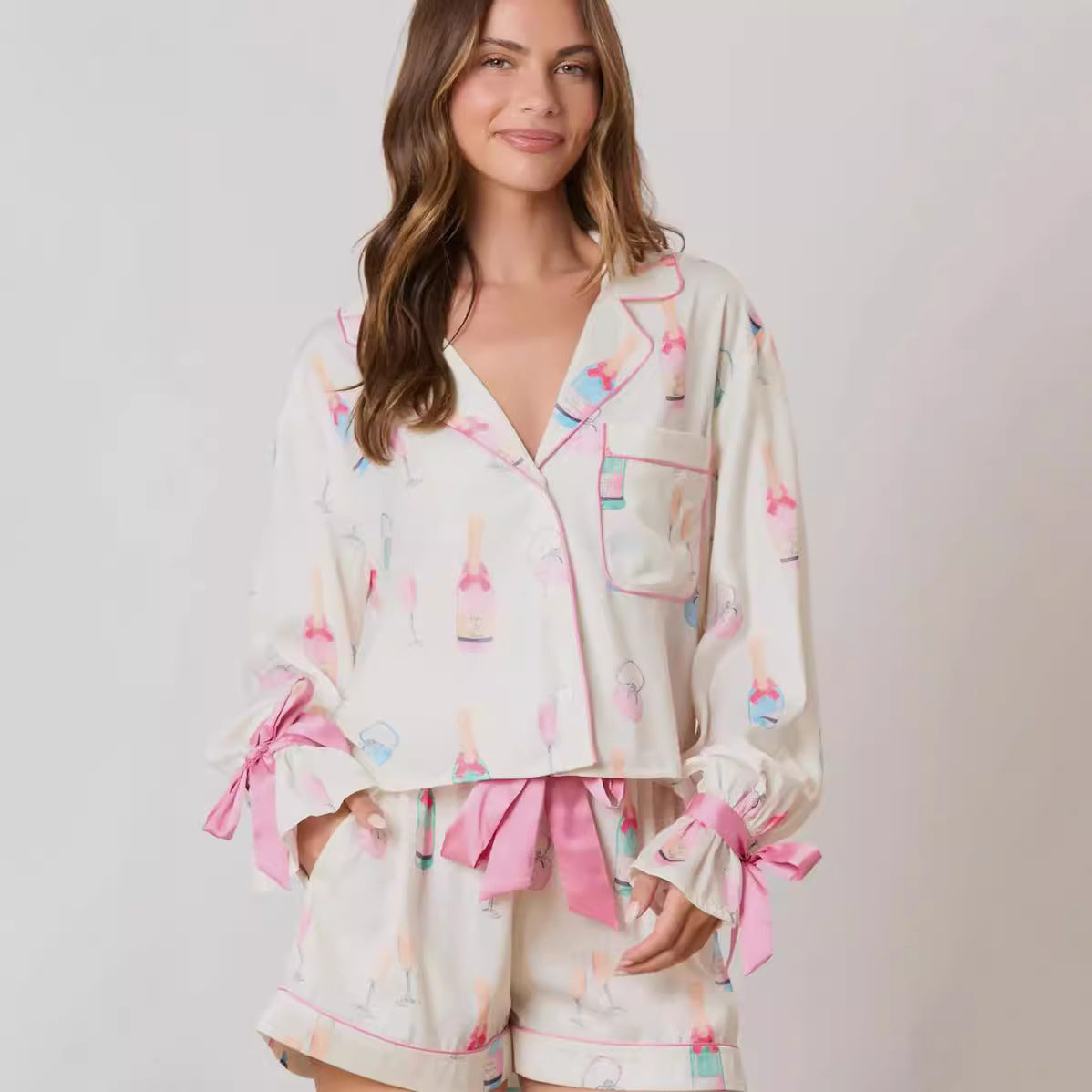 Women's Christmas Pajamas with Bow – Long Sleeve & Shorts Suit for Festive Comfort - ZA-ZOLA