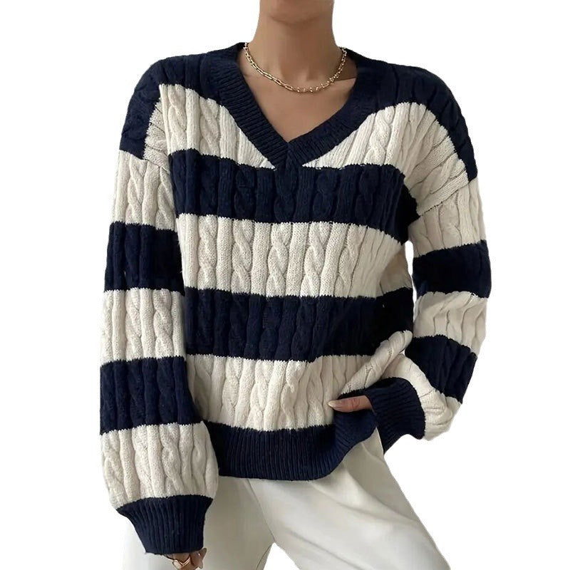 V-neck Long Sleeve Striped Women's Sweater – Versatile, Stylish, All-Matching - ZA-ZOLA