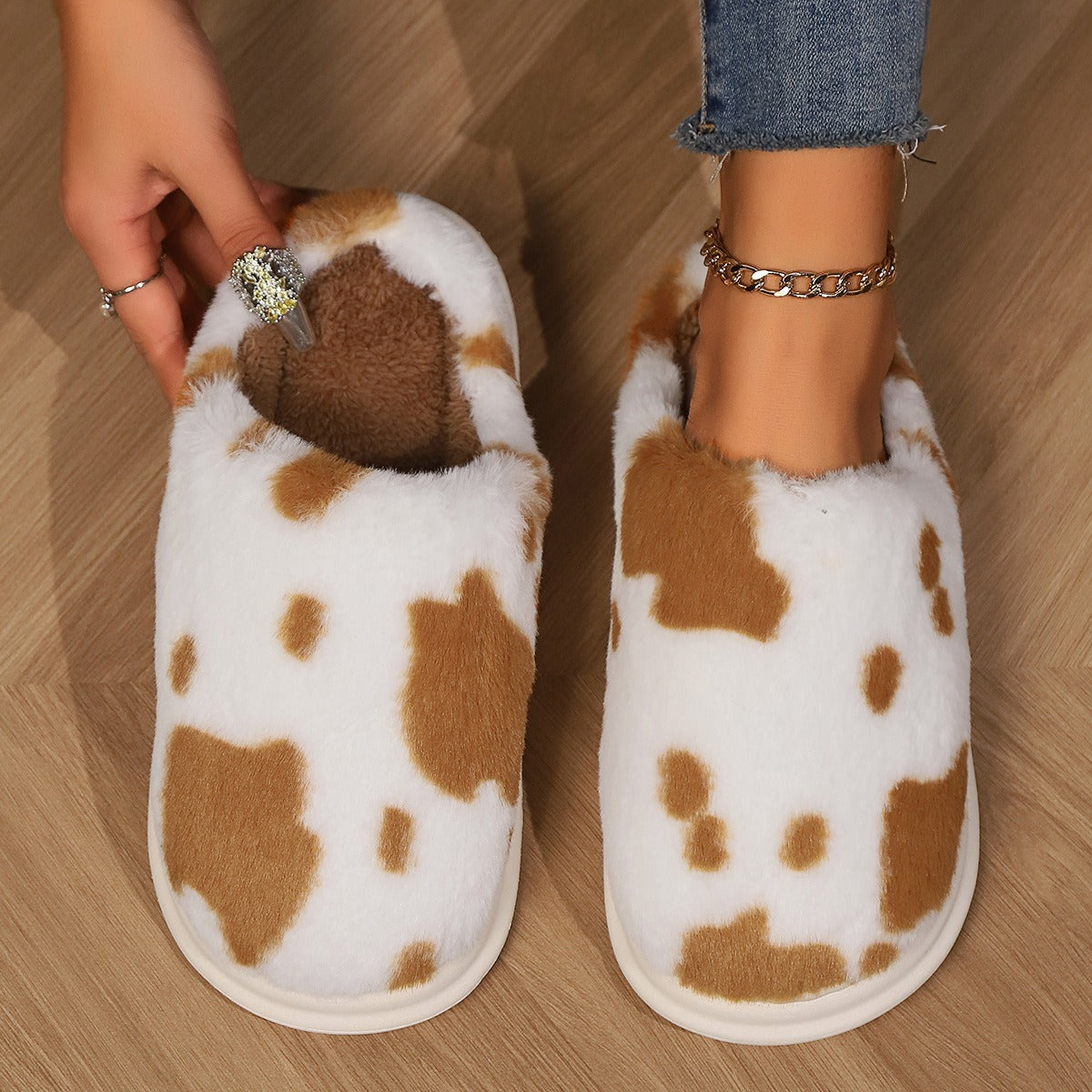 Cute Cow Spotted Plush Slippers Winter Warm Non-slip Bedroom Floor Fuzzy Slipper Couple Women House Shoes - ZA-ZOLA