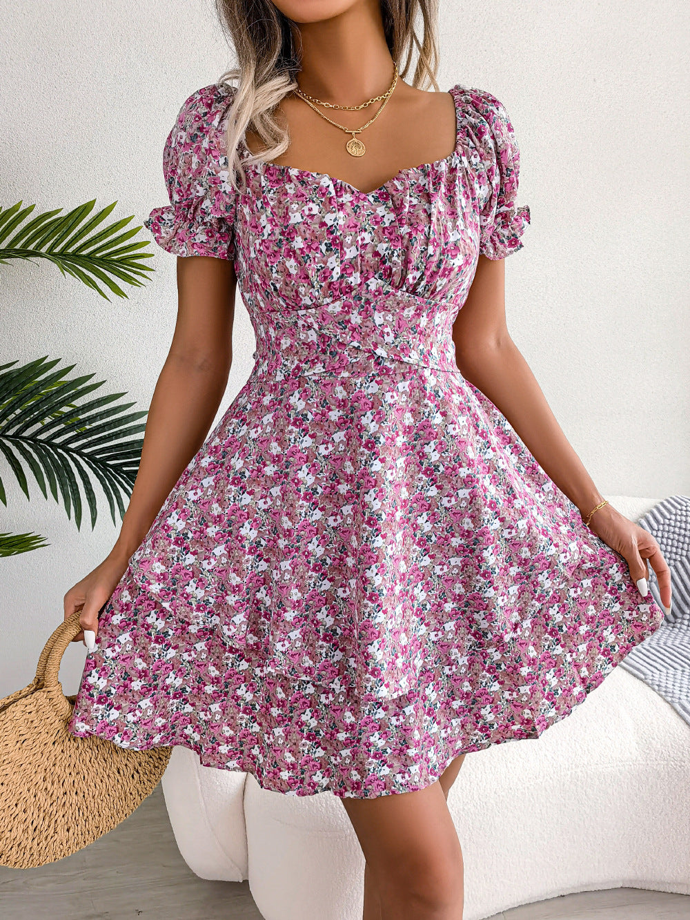 Women Mini Dress Temperament Big Swing Loose Hem Flower Print Shirring Dress Up Short Sleeves High Waist Summer Dress Clothes - ZA-ZOLA