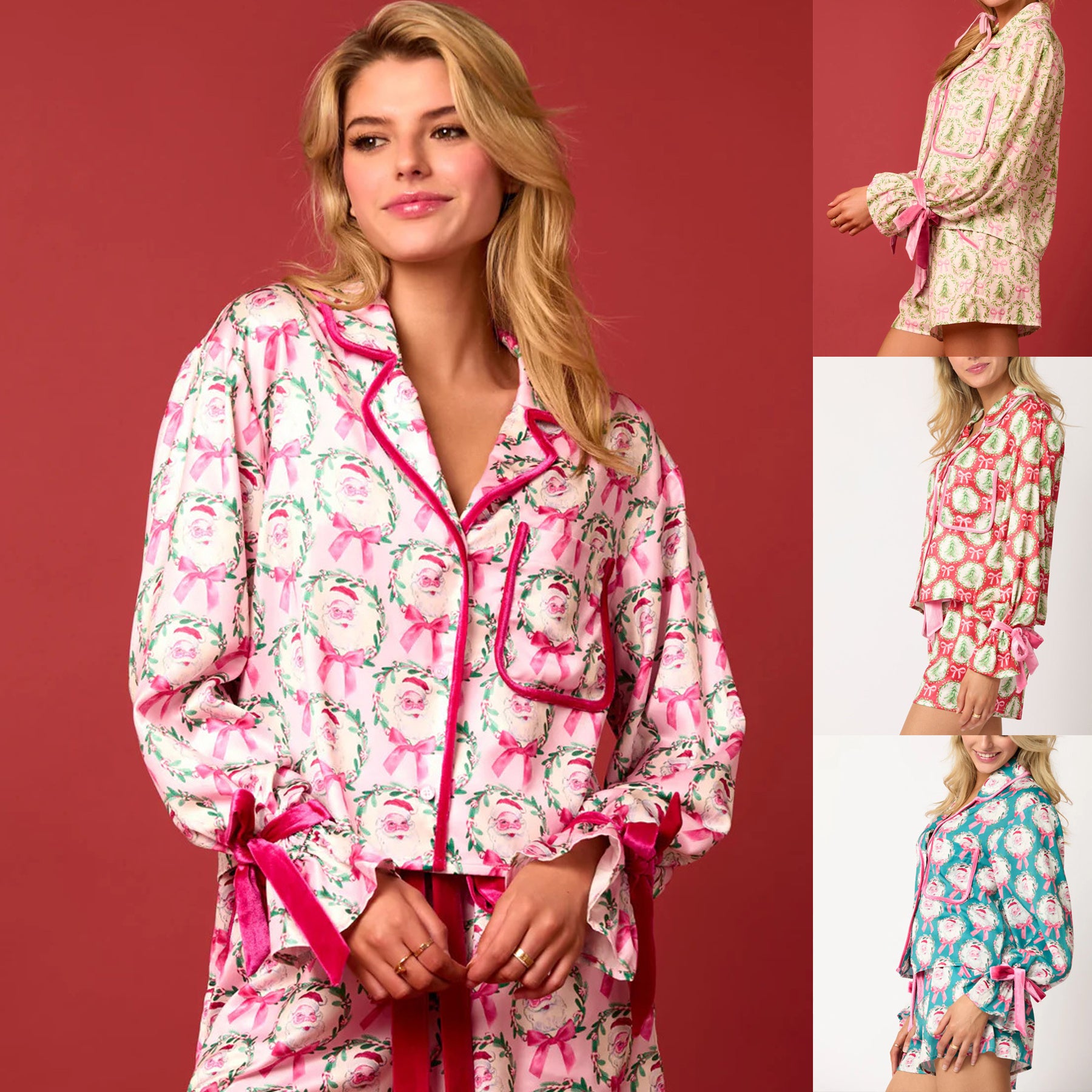 Women's Christmas Pajama Set – Santa Tree Print Lapel Neck Button-Up Long Sleeve Top & Shorts - ZA-ZOLA