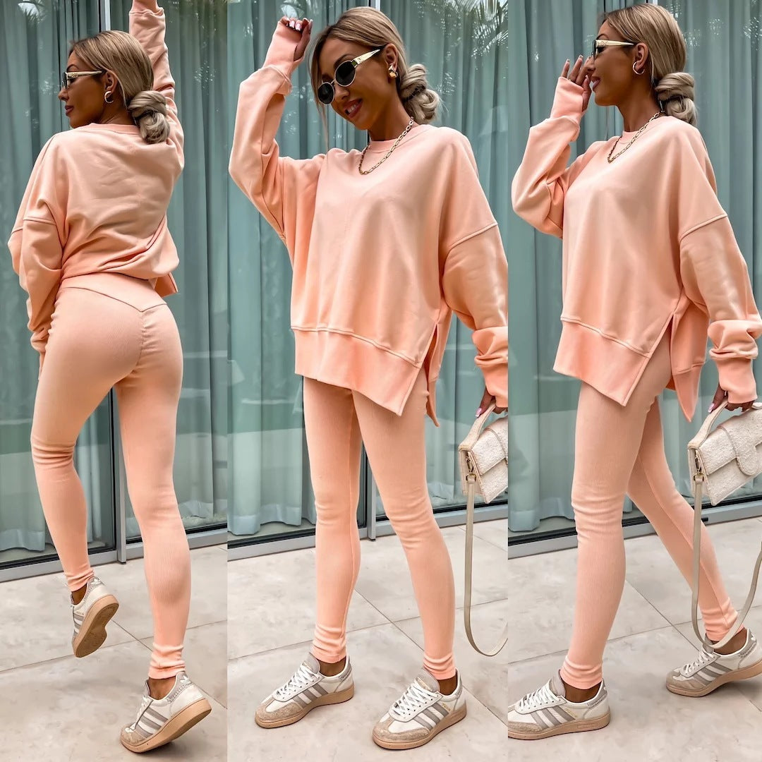 Women's Sweater Suit – Casual Loose Long Sleeve Crew Neck Top & Tight Trousers Set