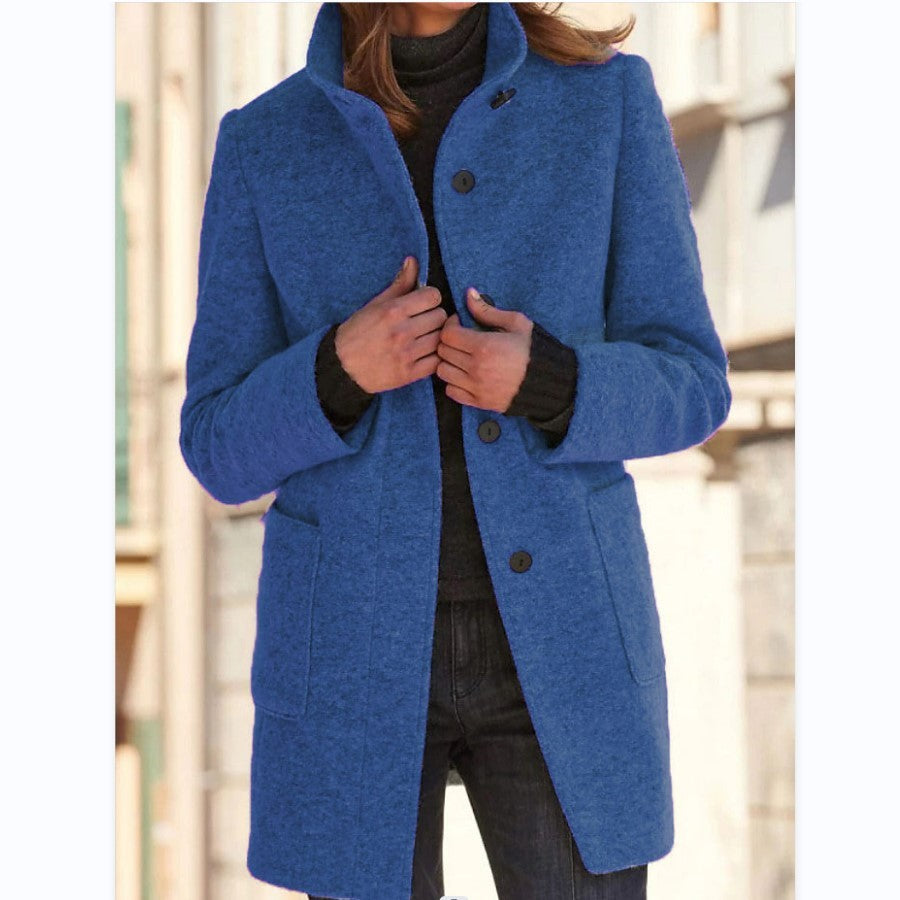 Fashion Stand Collar Woolen Coat with Pockets – Women’s Casual Fall & Winter Outwear